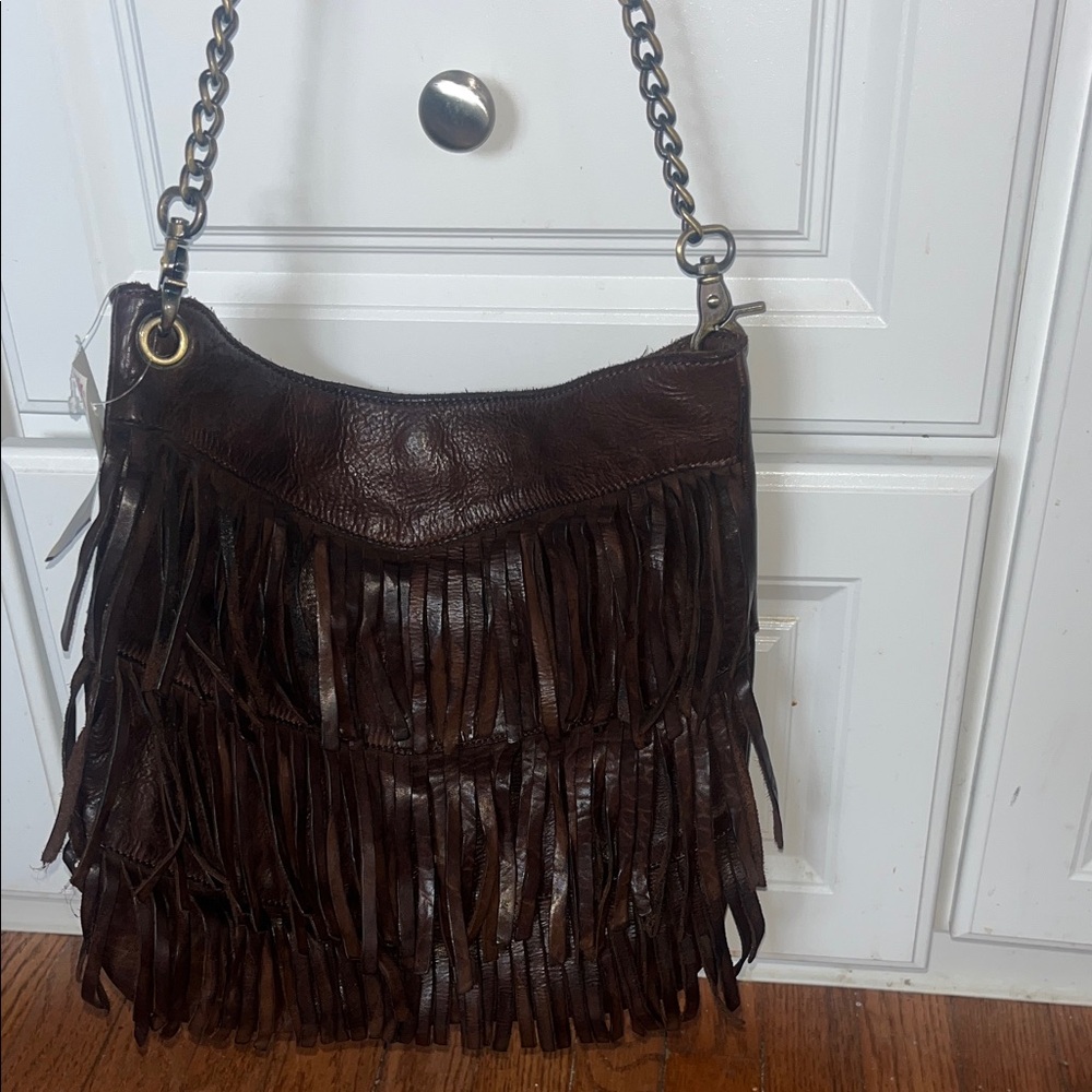 Marta Ponti Fringe Leather Shoulder Bag in Dark Brown